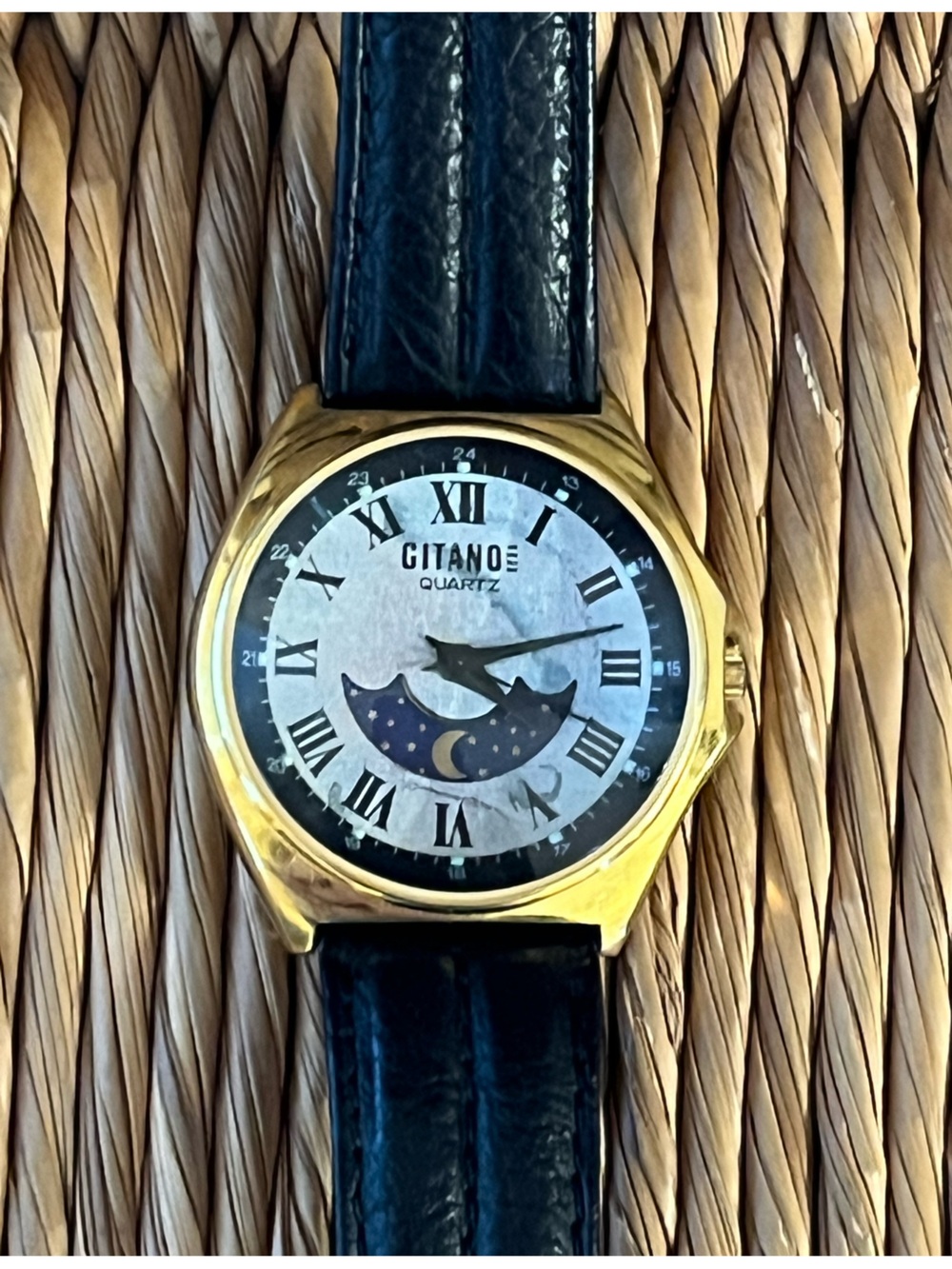 Vintage Gitano Sun Moon Phase Quartz Watch Gold Tone